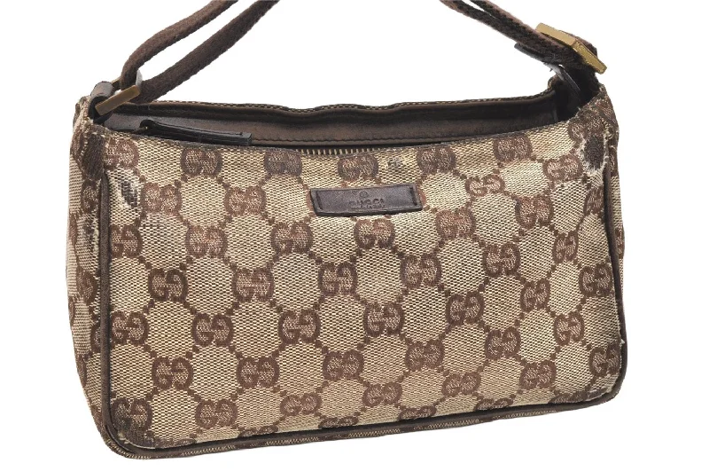 Women Gucci crossbody bags with a printed floral patternAuthentic GUCCI Hand Bag Pouch Purse GG Canvas Leather 106644 Brown 6227K