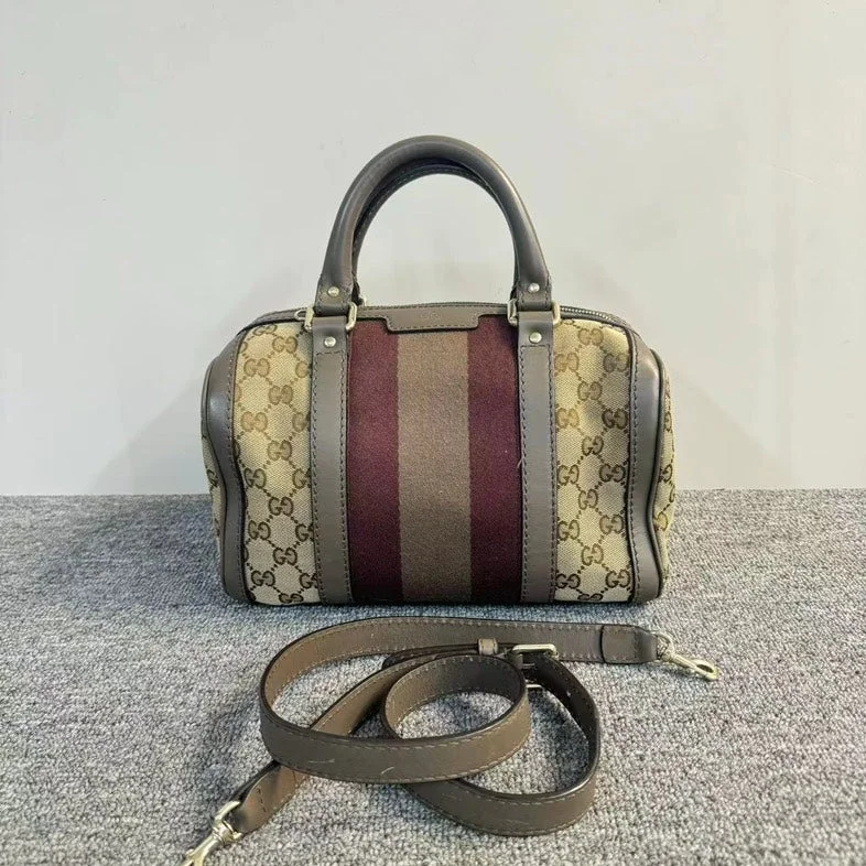 Women Gucci tote bags in GG Supreme canvas for a branded feelGucci Boston Beige And Burgundy Canvas Leather Trim Two-Way Bag Medium