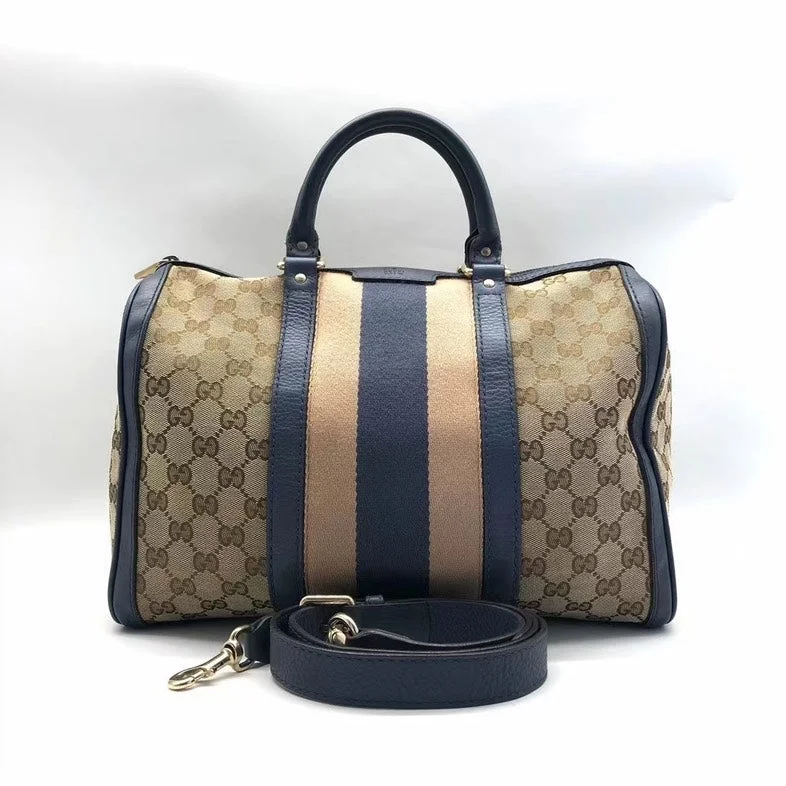 Gucci crossbody bags for women with adjustable leather strapsGucci Boston Beige Blue Canvas Leather Two-Way Bag Medium Size