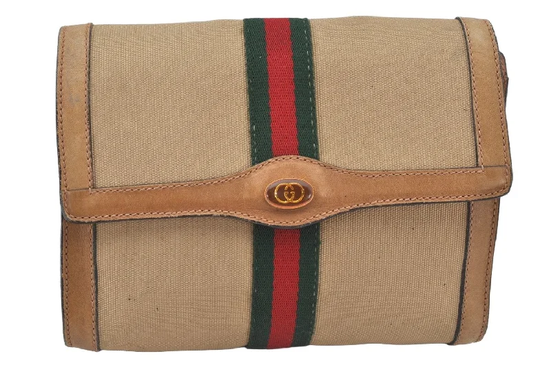 Gucci tote bags for women with a double - handle designAuthentic GUCCI Web Sherry Line Clutch Hand Bag Purse Canvas Leather Beige 6011K