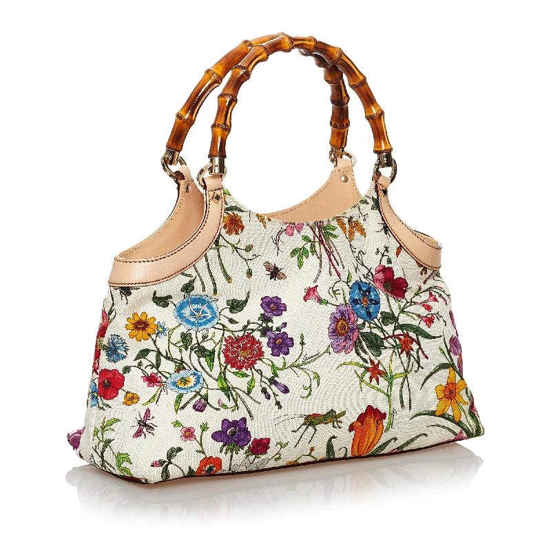 Women Gucci crossbody bags with a woven leather strapGucci Bamboo Flora Canvas Handbag (29764)