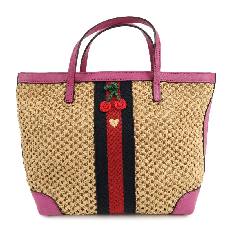 Women Gucci Sylvie bags featuring the signature web stripeGUCCI Children Sherry Raffia Leather Cherry Bag Beige Pink 410818