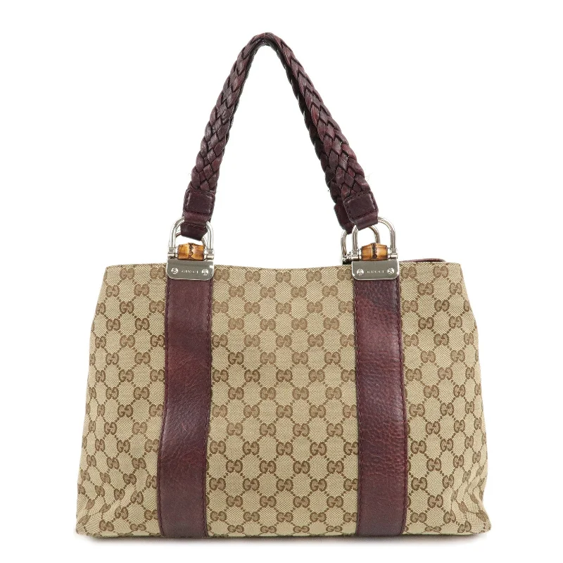 Gucci handbags for women with a patent - leather finishGUCCI Bamboo Bar GG Canvas Leather Tote Bag Beige Brown 232947