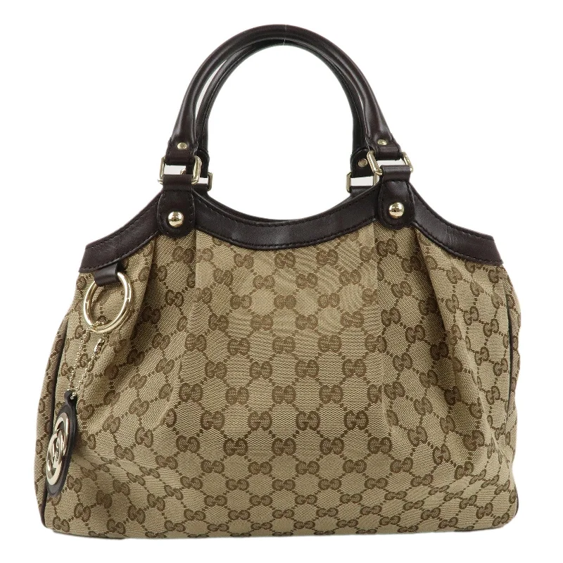 Women Gucci bags with a chain - link trim and a leather bodyGUCCI Sukey GG Canvas Leather Tote Bag Beige Brown 211944