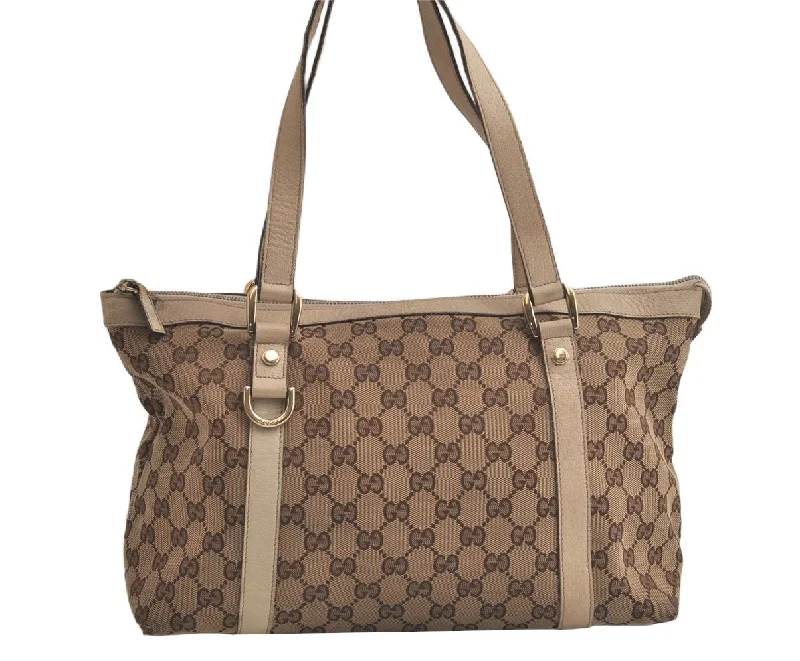 Gucci handbags for women with a back - zip pocketAuthentic GUCCI Abbey Shoulder Tote Bag GG Canvas Leather 141470 Brown 5979K