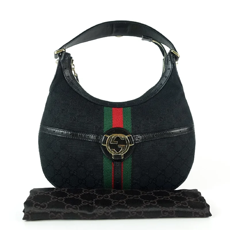 Ladies Gucci shoulder bags with a single - handle designWeb Reins Monogram Canvas Hobo Bag