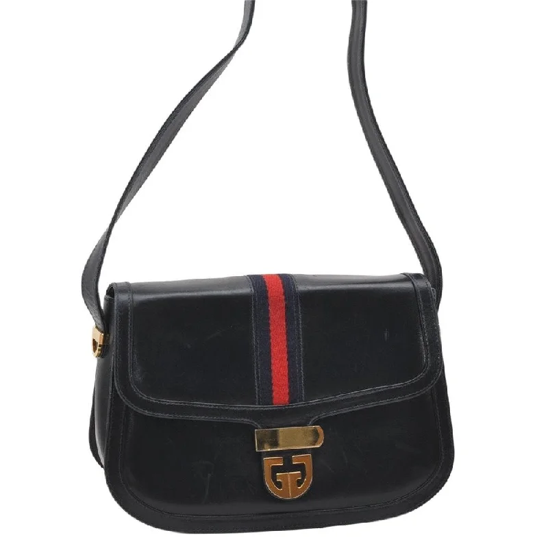 Gucci tote bags for women with a double - handle designAuthentic GUCCI Sherry Line Shoulder Cross Body Bag Leather Navy Blue 6276K