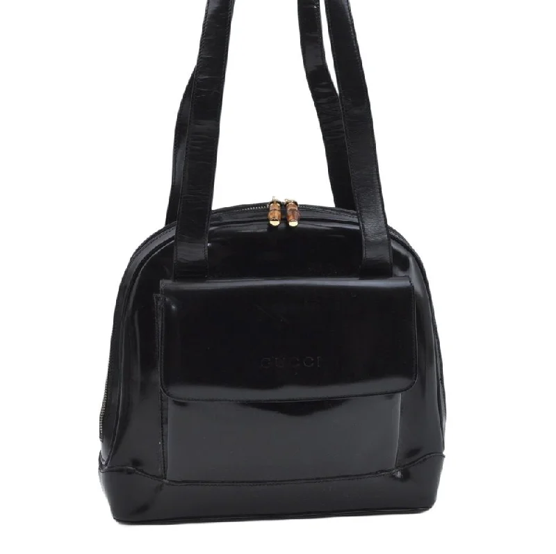 Women Gucci Sylvie bags with a leather - wrapped handleAuthentic GUCCI Bamboo Shoulder Bag Enamel Leather Black  L0626