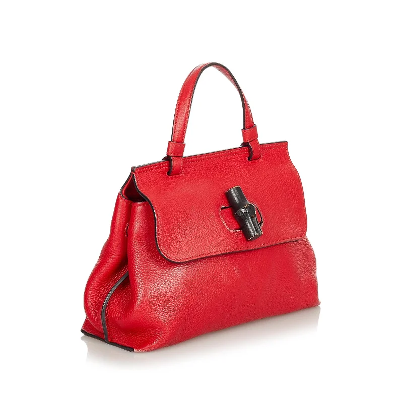 Women Gucci crossbody bags in a bold red colorGucci Bamboo Daily Leather Satchel (24362)