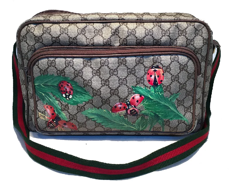 Women Gucci bags with a front - zip pocket for small itemsGucci Vintage Monogram Hand Painted Ladybug Reporter Messenger Shoulder Bag