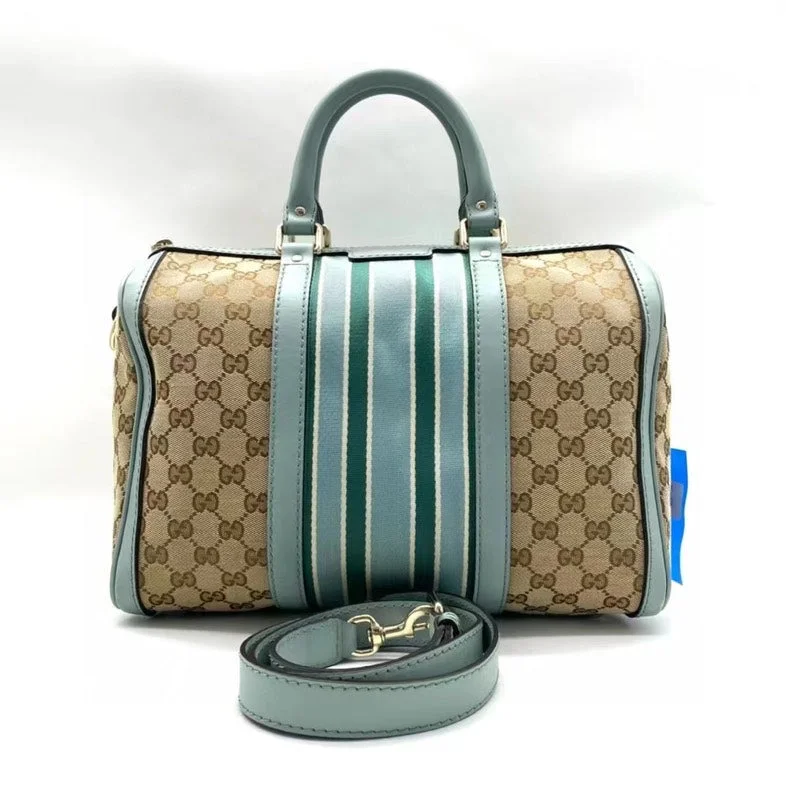 Medium - sized Women Gucci handbags for everyday useGucci Boston Beige Blue Monogram Canvas Leather Stripe Shoulder Bag Large