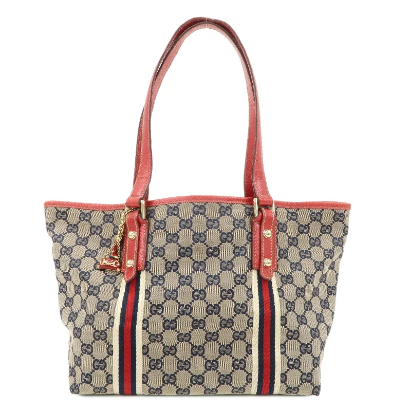 Women Gucci bags with a magnetic snap closure for easy accessGUCCI Sherry GG Canvas Leather Tote Bag Beige Red Navy 137396