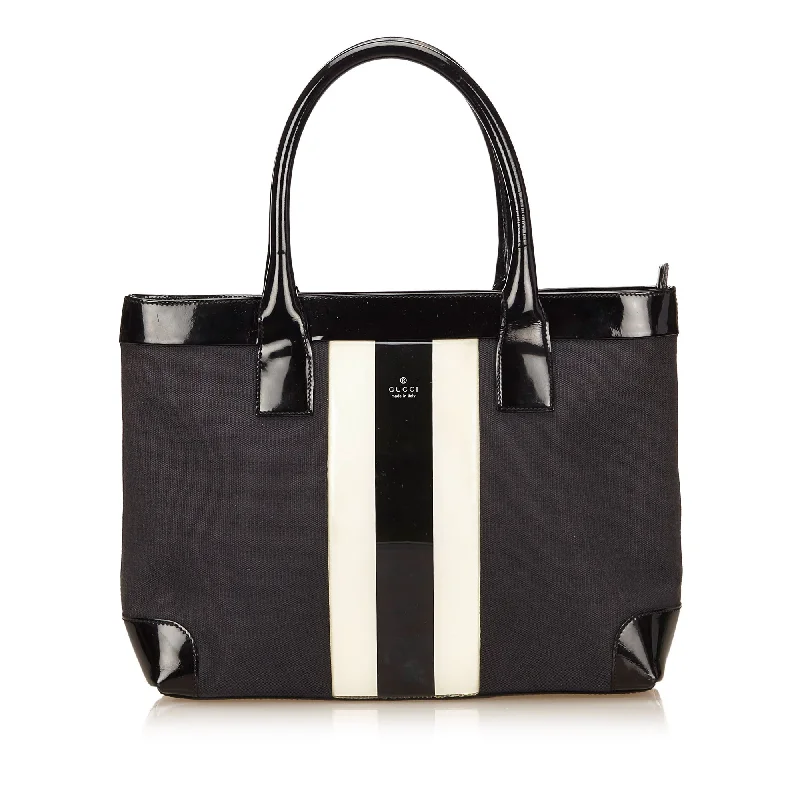 Women Gucci bags with a detachable mirror insideCanvas and Patent Leather Striped Tote Bag