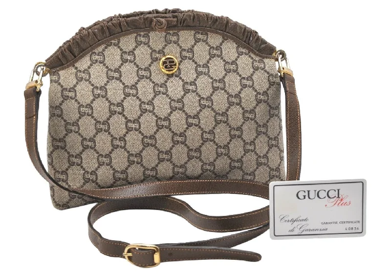 Women Gucci bags with a zippered interior pocketAuthentic GUCCI GG Plus Shoulder Cross Body Bag PVC Leather Brown  5951K