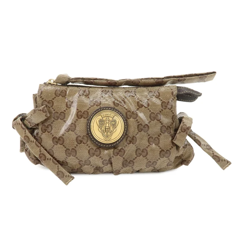 Women Gucci bags with interlocking G hardware for a classic lookGUCCI Hysteria GG Crystal Leather Pouch Beige Brown 203632