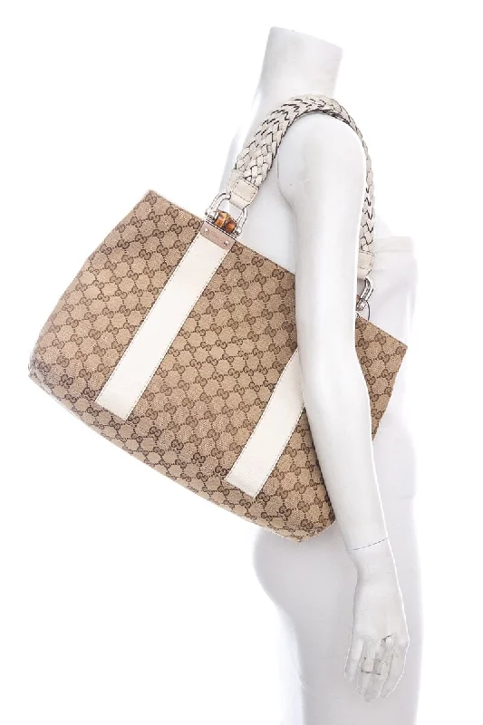 Gucci tote bags for women with a double - handle designGucci Brown & White Canvas Supreme Braided Handle Tote