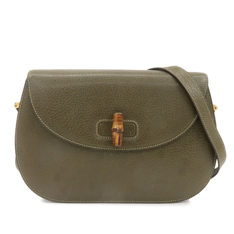 Gucci handbags for women with a metal - framed claspGUCCI Bamboo Leather Shoulder Bag Khaki Gredn 001.113.1529