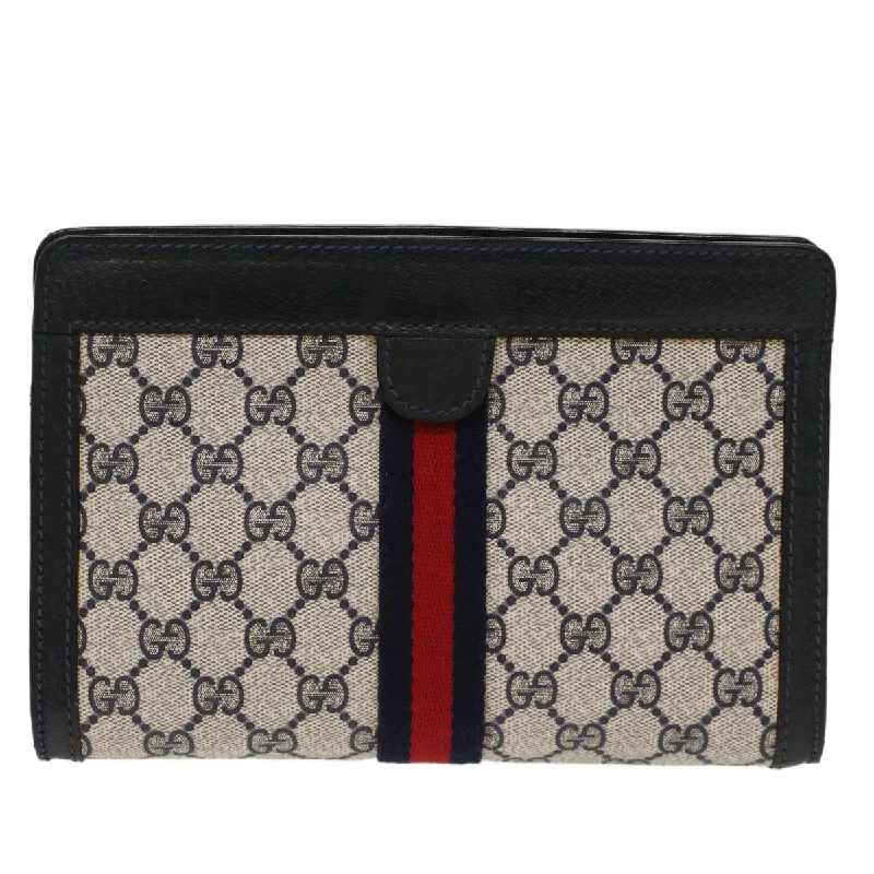 Ladies Gucci shoulder bags with a wide - width strapGUCCI GG Canvas Sherry Line Clutch Bag PVC Leather Gray Red Navy  th3819