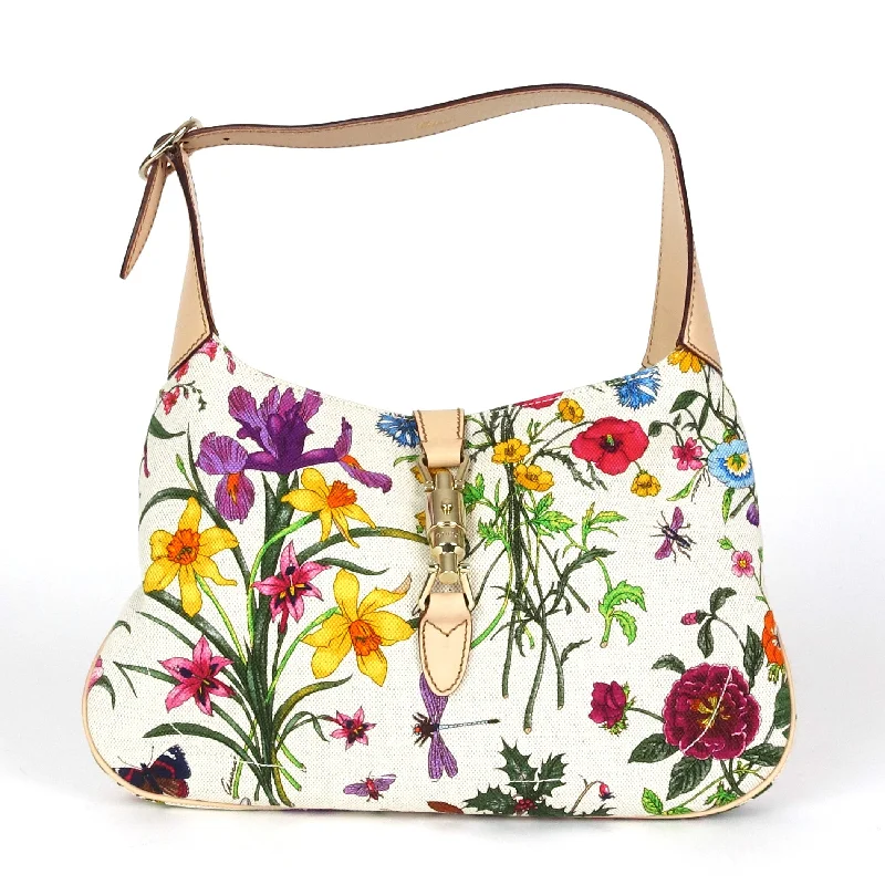 Women Gucci bags with a chain - link trim and a leather bodyBotanical Jackie Floral Canvas Bag