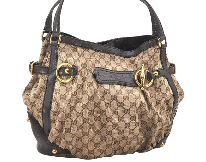 Women Gucci bags with a chain - link trim and a leather bodyAuthentic GUCCI Jockey Shoulder Tote Bag GG Canvas Leather 203546 Brown 5856K