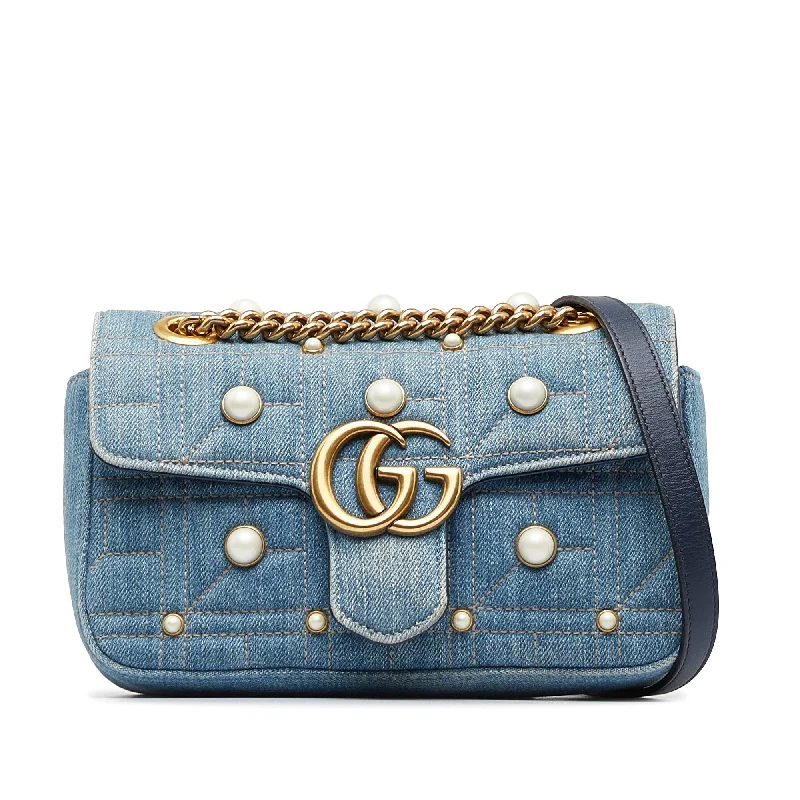 Gucci tote bags for women with a printed Gucci logoGucci Pearly GG Marmont Mini Blue Denim Matelassé