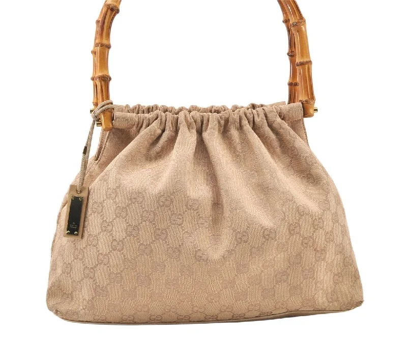 Women Gucci Sylvie bags featuring the signature web stripeAuthentic GUCCI Bamboo Shoulder Hand Bag Canvas Leather 92708 Beige 6094K