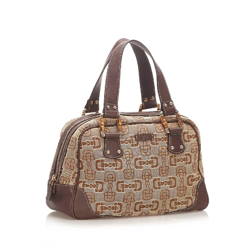 Women Gucci backpacks with a luxurious leather finishGucci Bamboo Horsebit Canvas Handbag (31684)