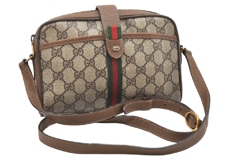 Gucci Marmont bags for women with a contrast - colored interiorAuthentic GUCCI Web Sherry Line Shoulder Bag GG PVC Leather Brown Junk 6089K