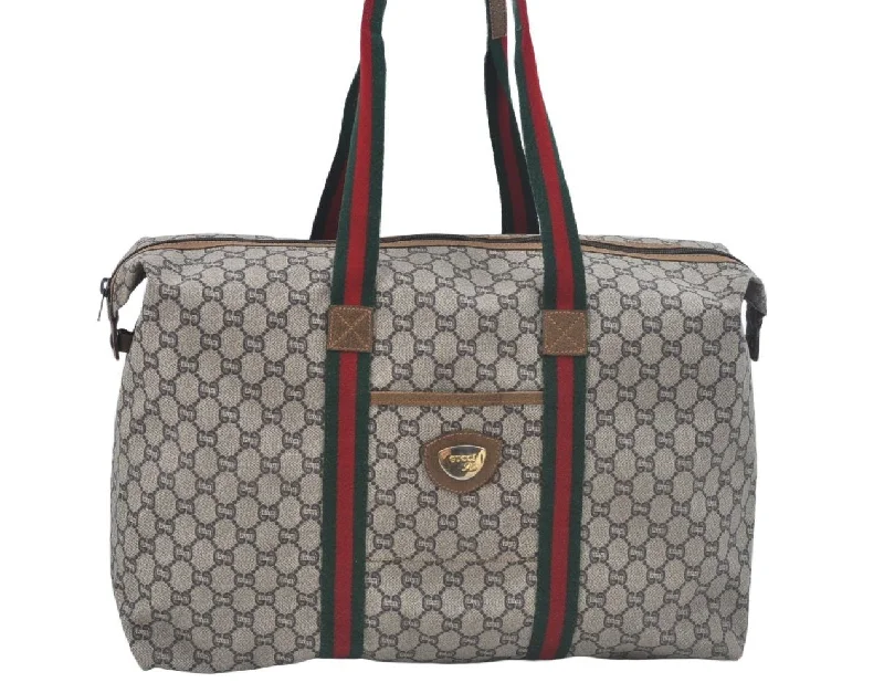 Women Gucci bags with a magnetic snap closure for easy accessAuthentic GUCCI Web Sherry Line Travel Boston Bag GG Plus PVC Brown L0625