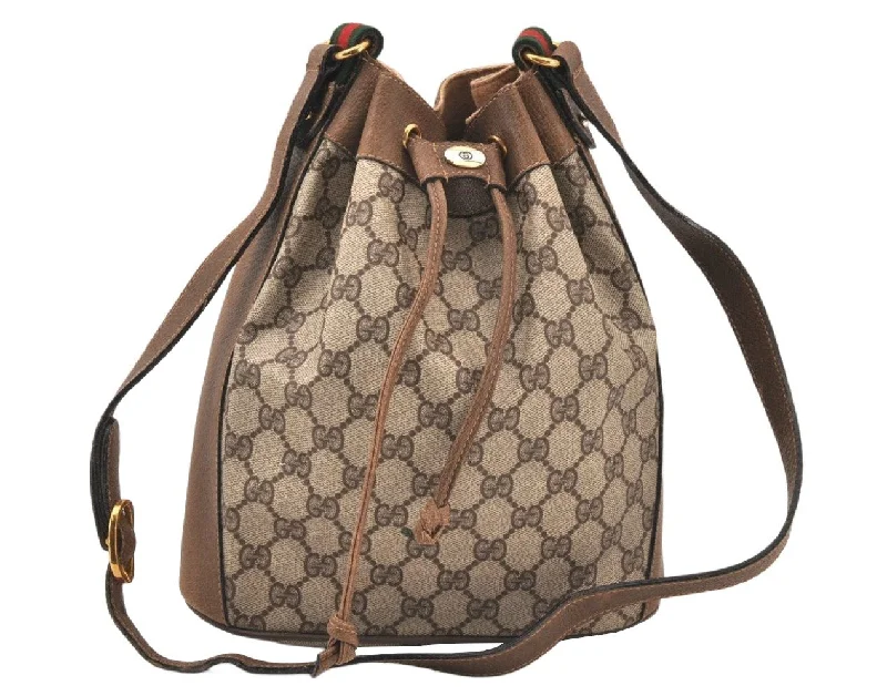 Women Gucci backpacks with a luxurious leather finishAuthentic GUCCI Web Sherry Line Drawstring Bag GG PVC Leather Brown Junk 6041K