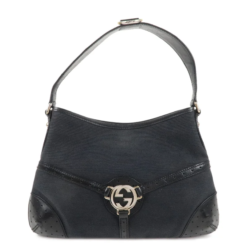 Women Gucci Sylvie bags with a detachable ribbon detailGUCCI Interlocking G Canvas Leather Shoulder Bag Black 114877