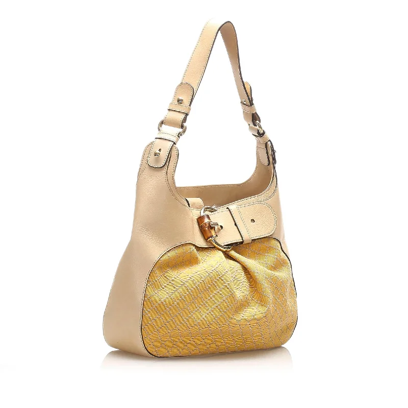 Women Gucci bags with a chain - link trim and a leather bodyGucci Bamboo Diamante Canvas Shoulder Bag (15629)