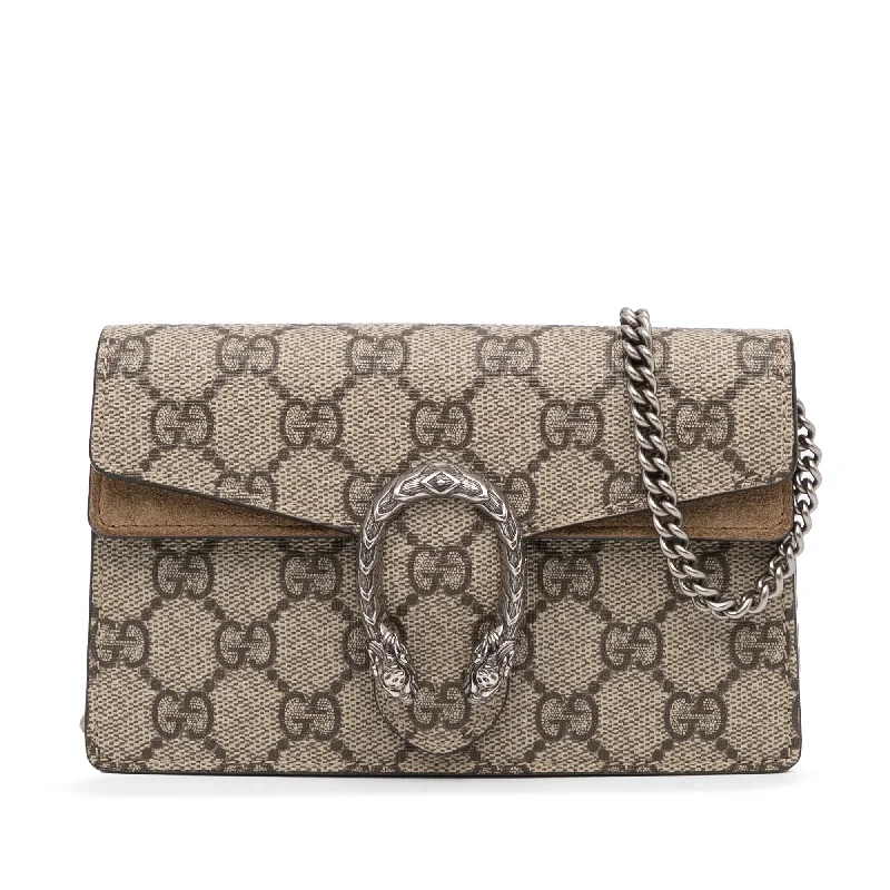 Gucci tote bags for women with a double - handle designGucci Dionysus Super Mini Brown GG Supreme Canvas Silver