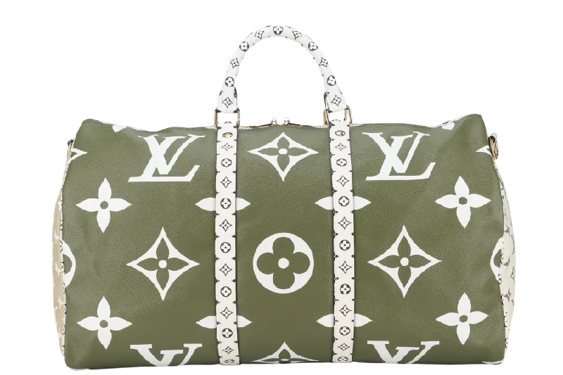 Louis Vuitton crossbody bags with a printed floral pattern for femininityLOUIS VUITTON KEEPALL BANDOULIERE 50 (M44590) KHAKI BEIGE GIANT MONOGRAM GOLD HARDWARE WITH STRAPS, PADLOCK, KEYS, DUST COVER AND BOX