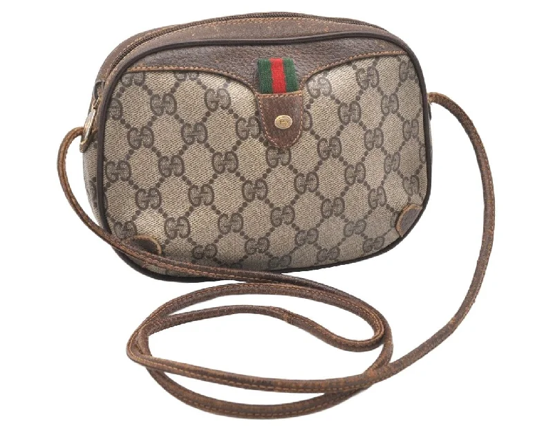 Women Gucci crossbody bags with a keychain holderAuthentic GUCCI Web Sherry Line Shoulder Cross Bag GG PVC Leather Brown 6147K