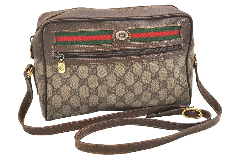 Women Gucci crossbody bags with a keychain holderAuthentic GUCCI Web Sherry Line Shoulder Cross Bag GG PVC Leather Brown 6051K