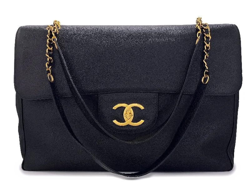 Chanel bags with modern touchesChanel 1994 Vintage Black Caviar Supermodel XXL Flap Bag Weekender 24k GHW