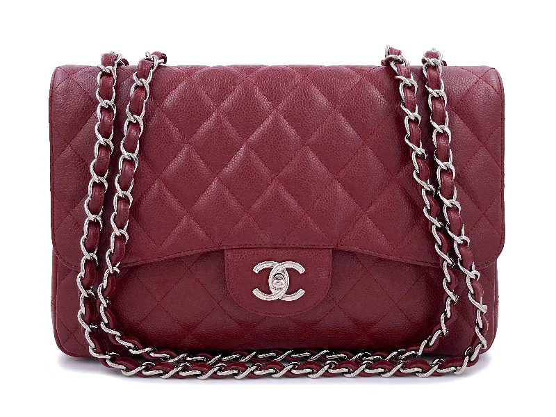 Chanel Designer Handbag with Unique DesignChanel 2009 Burgundy Red Caviar Jumbo Classic Single Flap Bag SHW