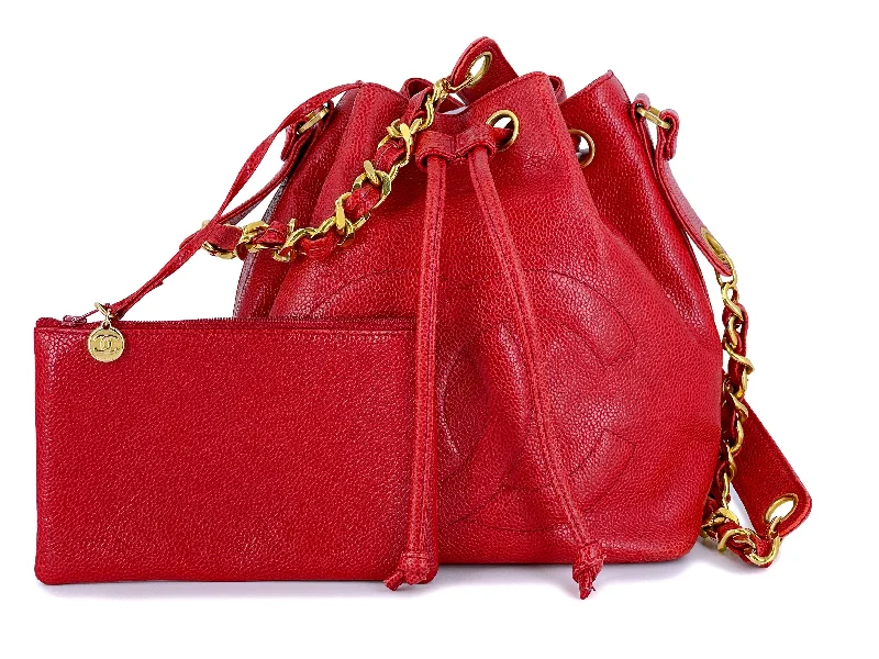 Chanel bags with exclusive seasonal designs and materialsChanel 1991 Vintage Red Caviar Drawstring Bucket Bag 24k GHW