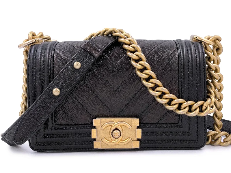 Chanel bags for women who appreciate fine craftsmanshipChanel Black Caviar Chevron Small Boy Flap Bag GHW