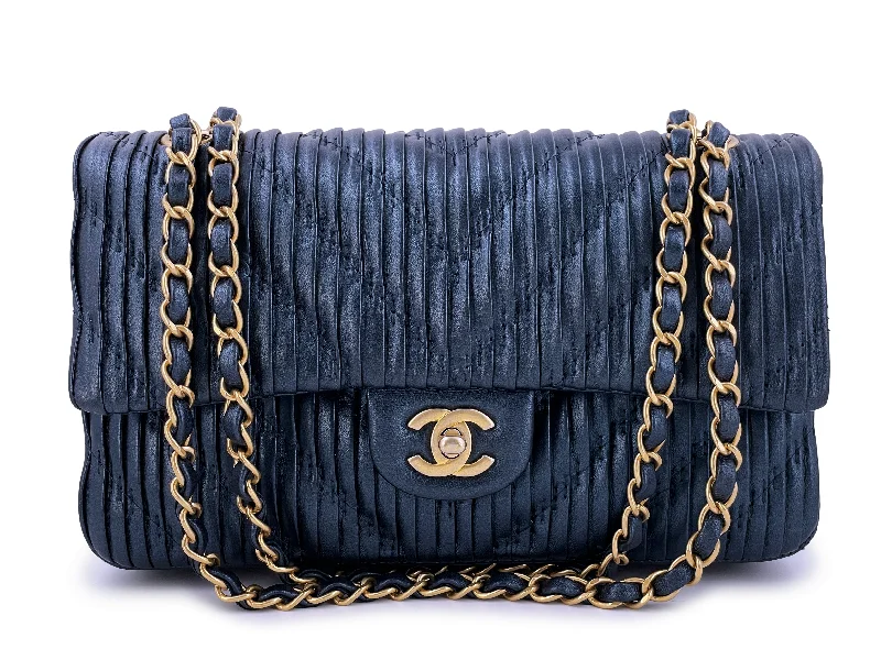 Chanel bags with exclusive seasonal designs and materialsChanel 2018 Pearly Navy Blue Pleated Chevron Medium Classic Double Flap Bag GHW