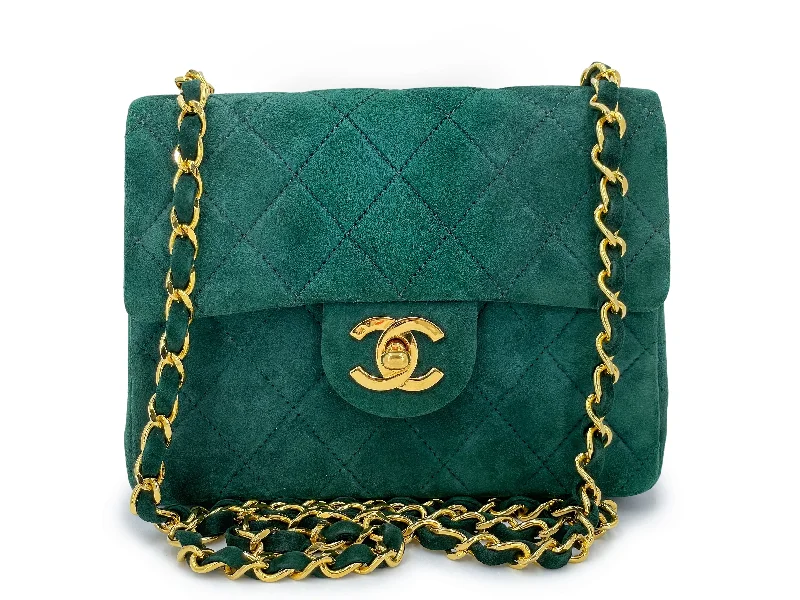 Chanel bags with leather and tweed combinationsChanel 1989 Vintage Emerald Green Suede Square Mini Flap Bag 24k GHW