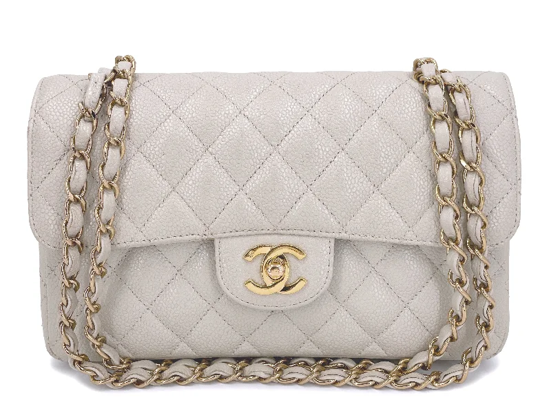 Chanel bags with leather and tweed combinationsChanel 2005 Light Gray-Beige Caviar Small Classic Double Flap Bag 24k GHW