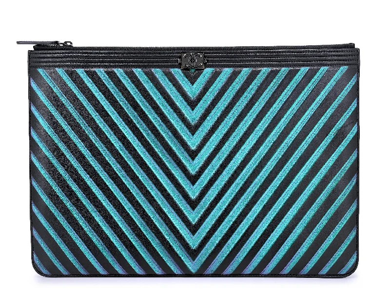 Chanel Luxury Handbag for High - End EventsChanel 2017 So Black Chevron Boy Mermaid Turquoise Violet O Case Clutch Bag