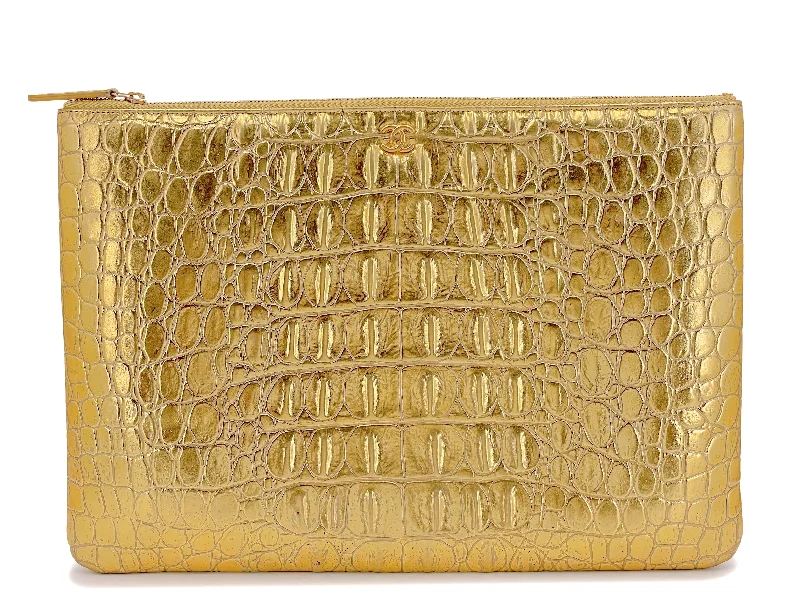 Chanel Quilted Leather Shoulder Bag for FashionistasChanel 19A Egyptian Collection Gold Crocodile Print O Case Clutch Large