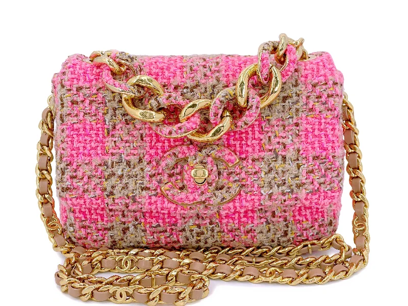 Chanel bags with gold, silver, and pearl accentsChanel 2022 Fuchsia Pink Beige Quilted Tweed CC Chain Small Flap Bag