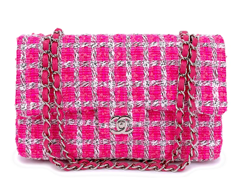 Chanel bags for a polished and professional appearanceChanel Pink Tweed Medium Classic Double Flap Bag SHW