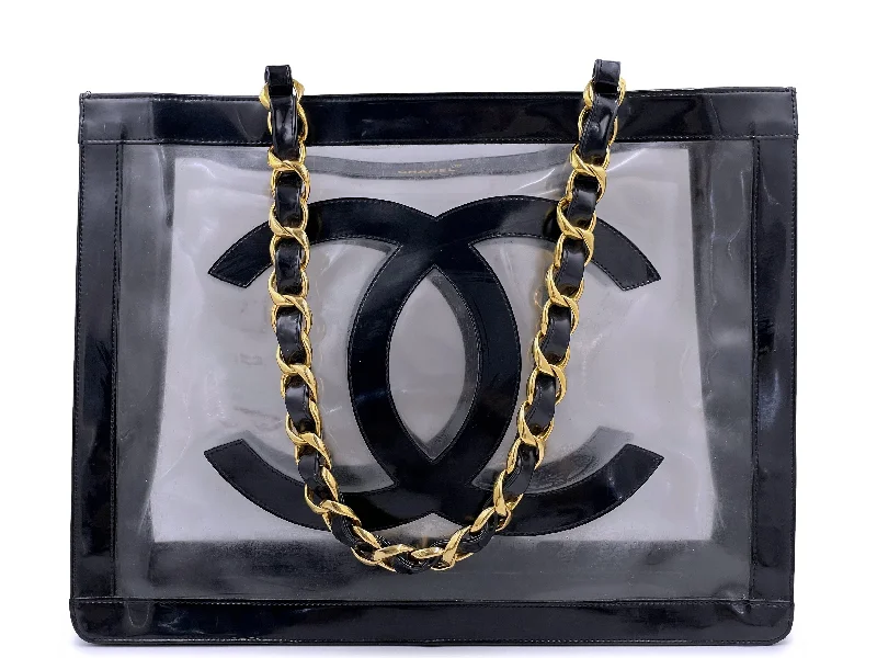 Chanel bags with exclusive seasonal designs and materialsChanel 1995 Vintage "Barbie" Clear Black Patent PVC Chunky Chain Tote Bag 24k GHW