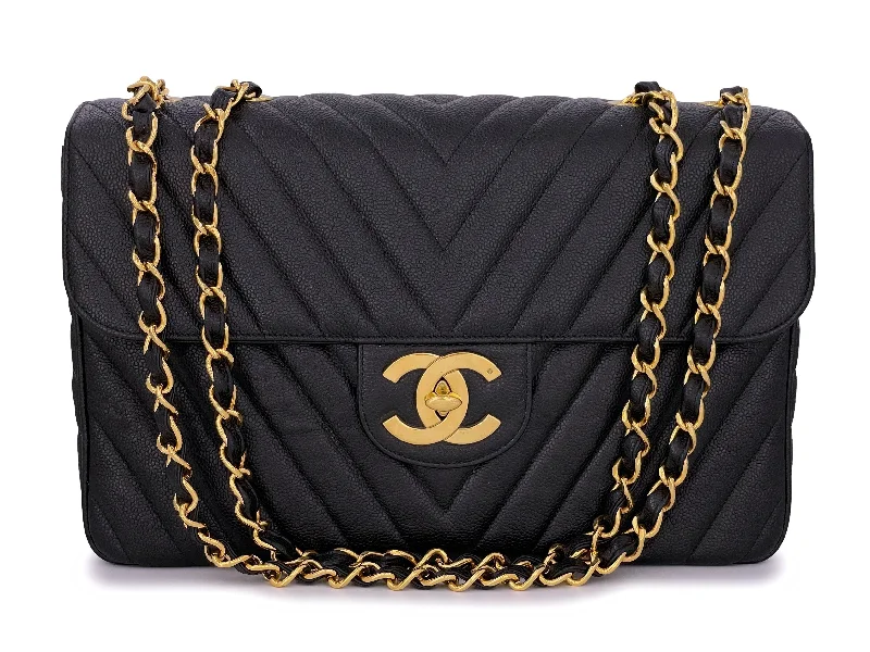 Chanel bags with the perfect balance of luxury and functionalityChanel 1994 Vintage Black Caviar Chevron Maxi XL Classic Flap Bag 24k GHW