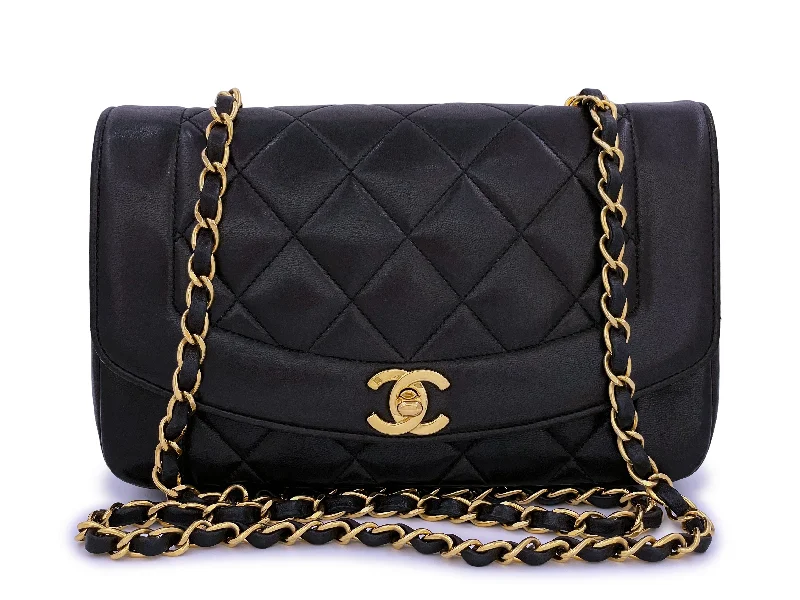 Chanel bags with leather and tweed combinationsChanel 1996 Vintage Black Small Diana Flap Bag 24k GHW Lambskin